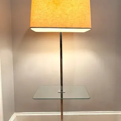 Mid-Century Chrome Floor Lamp With Integrated Glass Table - 53"