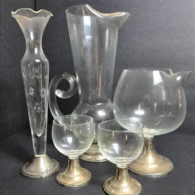 Glass Pitcher With Sterling Base & More Glassware With Weighted Sterling Feet