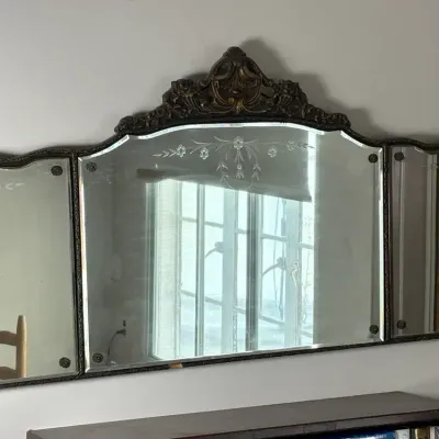 Vintage Ornate Gilt Tri-Panel Buffet Mirror With Etched Floral Beveled Glass