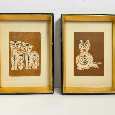 Toshijiro Inagaki “Tiger” Japanese Woodblock Print Pair 