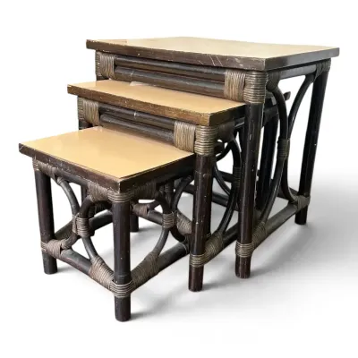 Midcentury Rattan Nesting Tables With Laminate Tops