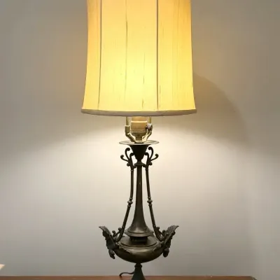 Vintage Neoclassical Style Bronze Table Lamp With Masks & Scrollwork 