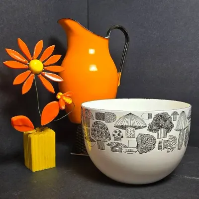 MCM Arabia Of Finland Kaj Franck Enameled Mushroom Bowl, Orange Pitcher Made In Poland & More