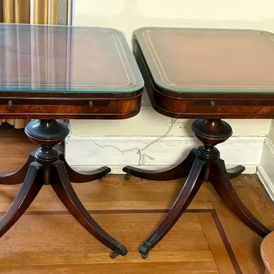 Regency Style Mahogany Tooled Leather Top Pedestal Table Pair With Glass Toppers