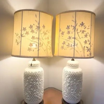 Midcentury Morihiro Sangyo Blanc de Chine Pierced Porcelain Table Lamp Pair