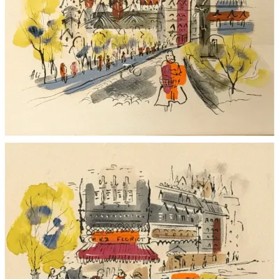 Mid-Century Paris Watercolor & Ink Cityscape Pair Signed Ali, Framed