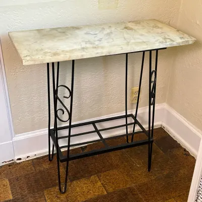 Vintage Marble Top Table With Cast Iron Base & Wrought Iron Hairpin Legs