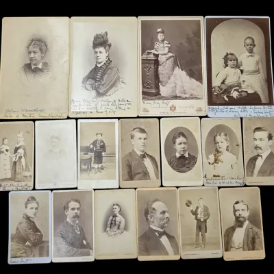Sale Photo Thumbnail #81: Collection of seventeen antique cabinet cards and carte de visite portrait photographs, late 19th century, featuring various men, women, and children.