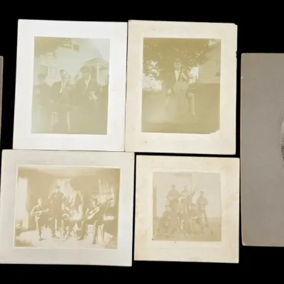 Sale Photo Thumbnail #89: Collection of six antique studio portraits and cabinet cards from the early 1900s, featuring musicians with stringed instruments.