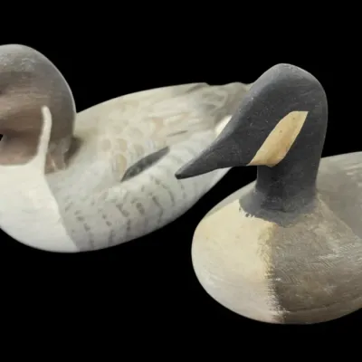 Sale Photo Thumbnail #32: Pair of vintage carved wooden waterfowl decoys, including a pintail duck and a Canada goose, featuring hand-painted details.