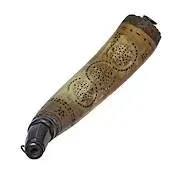 Sale Photo Thumbnail #21: Antique scrimshaw powder horn featuring intricate carved circular patterns and a fitted spout.