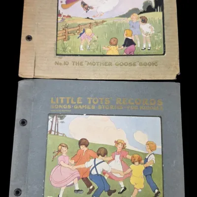 Sale Photo Thumbnail #112: Two vintage 1920s Little Tots' Records storybooks with illustrated covers, including No. 10 'The Mother Goose Book' and No. 3 'The Jolly Game Book'.