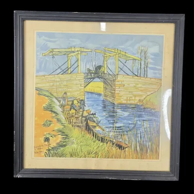 Sale Photo Thumbnail #58: Framed art print depicting Vincent van Gogh's 'The Langlois Bridge at Arles' in a dark wooden frame with double matting.