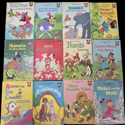 Sale Photo Thumbnail #77: Collection of twelve vintage Disney's Wonderful World of Reading hardcover books, including titles such as Peter Pan and Captain Hook, 101 Dalmatians, and The Aristocats.