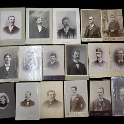 Sale Photo Thumbnail #90: Collection of fifteen antique cabinet card and carte de visite portrait photographs featuring men, circa late 19th to early 20th century.