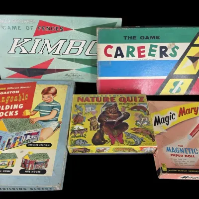 Sale Photo Thumbnail #50: Collection of five vintage mid-century board games and toy sets, including Kimbo, Careers, Gaston Changeable Building Blocks, Electric Nature Quiz, and Magic Mary Magnetic Paper Doll.
