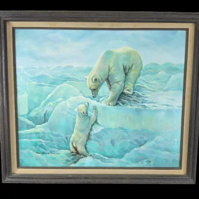 Sale Photo Thumbnail #96: Framed oil painting depicting a mother polar bear and her cub on Arctic ice, signed by the artist in the lower left corner and set in a dark rustic wood frame with a linen mat.