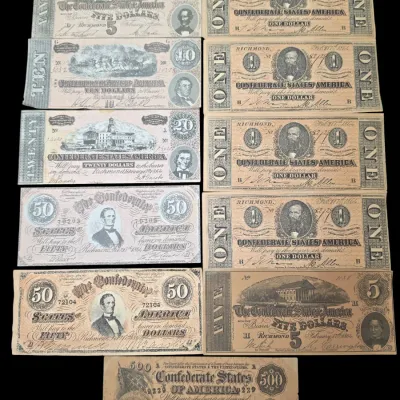 Sale Photo Thumbnail #146: Collection of Civil War era Confederate States of America paper currency, dated 1864, including denominations ranging from one dollar to five hundred dollars.