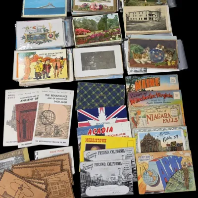 Sale Photo Thumbnail #13: Large collection of vintage postcards, souvenir folders, and educational picture sets from the early-to-mid 20th century featuring various US locations, holidays, and historic themes.