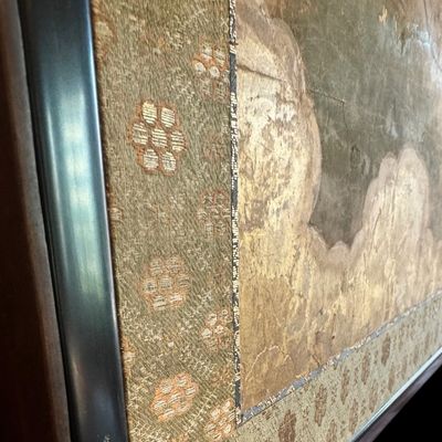 Sale Photo Thumbnail #23: Beautiful antique Japanese six panel folding screen, believed to be dated to the late 19th or early 20th century, featuring a continuous hand painted landscape depicting Mount Fuji, traditional villages, pagodas, winding waterways, and rolling mountains b