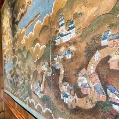 Sale Photo Thumbnail #28: Beautiful antique Japanese six panel folding screen, believed to be dated to the late 19th or early 20th century, featuring a continuous hand painted landscape depicting Mount Fuji, traditional villages, pagodas, winding waterways, and rolling mountains b