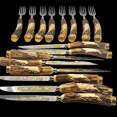 Sale Photo Thumbnail #219: Cutlery makers in the town of Solingen, Germany, produced specialized hunting flatware with natural horn handles for export and domestic markets. These sets were crafted during the mid-20th century to satisfy a strong demand for rustic, outdoor-themed din