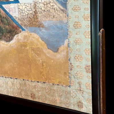 Sale Photo Thumbnail #22: Beautiful antique Japanese six panel folding screen, believed to be dated to the late 19th or early 20th century, featuring a continuous hand painted landscape depicting Mount Fuji, traditional villages, pagodas, winding waterways, and rolling mountains b