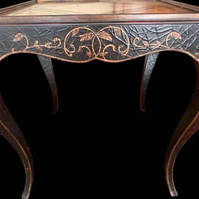 Sale Photo Thumbnail #128: Elegant pair of Rococo style side tables by Milling Road, a division of Baker Furniture. Featuring richly figured Burl wood parquet of tops, decorative japanned aprons with painted foliate detailing, and gracefully curved cabriole legs. A sophisticated co
