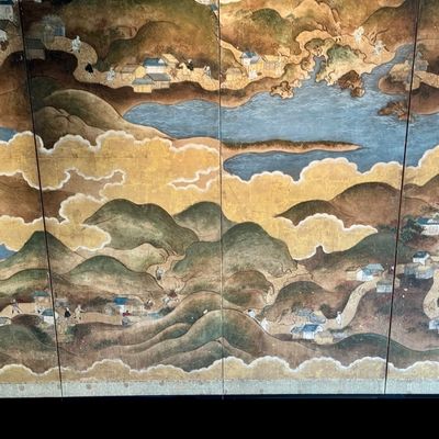 Sale Photo Thumbnail #20: Beautiful antique Japanese six panel folding screen, believed to be dated to the late 19th or early 20th century, featuring a continuous hand painted landscape depicting Mount Fuji, traditional villages, pagodas, winding waterways, and rolling mountains b