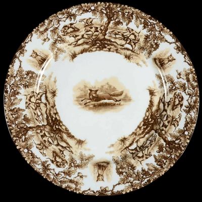 Sale Photo Thumbnail #201: Aiken Hunt dinnerware collection is a timeless pattern inspired by the fox hunting scene of Aiken, South Carolina. Made of porcelain, each piece is hand-decorated and depicts either the Fox or the Hound is an attractive soft brown. Image of running fox an