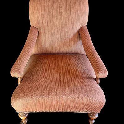 Sale Photo Thumbnail #157: Serena Lily Eaton chair upholstered in a warm earthly hue. 
Durable maple construction reinforced with double dowels and corner blocks.
• Sinuous spring suspension creates even comfort and support.
• Solid wood legs are finished with water-based stain