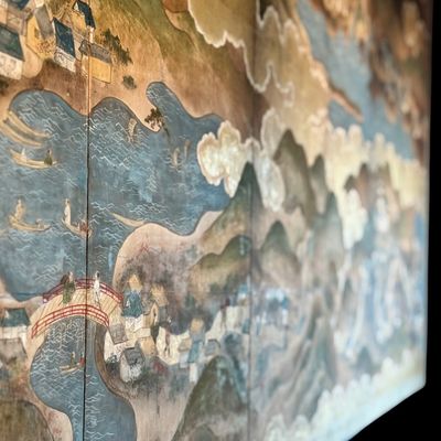 Sale Photo Thumbnail #18: Beautiful antique Japanese six panel folding screen, believed to be dated to the late 19th or early 20th century, featuring a continuous hand painted landscape depicting Mount Fuji, traditional villages, pagodas, winding waterways, and rolling mountains b