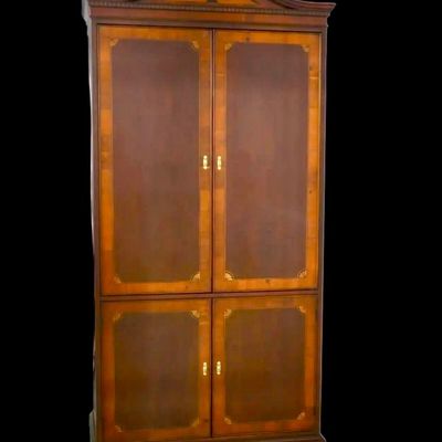 Sale Photo Thumbnail #116: Elegant banded entertainment armoire manufactured in the finest craftsmanship. The beautiful piece is crafted in richly figured wood with a warm finish featuring decorative wood banding along the top, 4 upper drawers and 4 spacious drawers, decorative bra