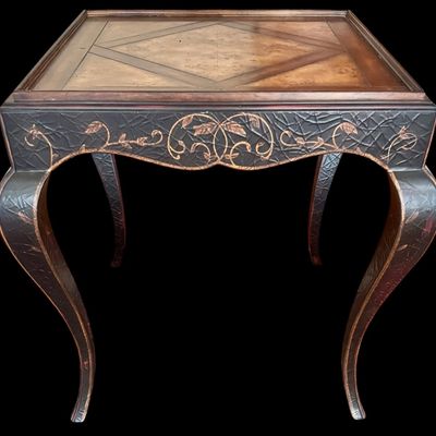 Sale Photo Thumbnail #126: Elegant pair of Rococo style side tables by Milling Road, a division of Baker Furniture. Featuring richly figured Burl wood parquet of tops, decorative japanned aprons with painted foliate detailing, and gracefully curved cabriole legs. A sophisticated co