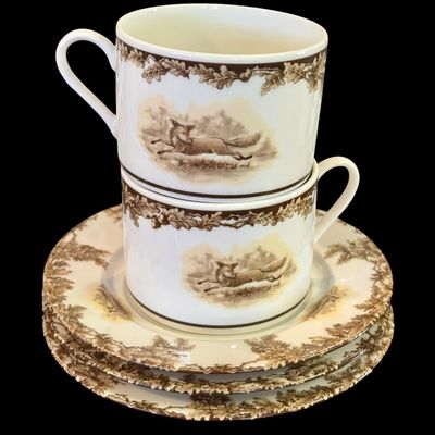 Sale Photo Thumbnail #200: Aiken Hunt dinnerware collection is a timeless pattern inspired by the fox hunting scene of Aiken, South Carolina. Made of porcelain, each piece is hand-decorated and depicts either the Fox or the Hound is an attractive soft brown. Image of running fox an