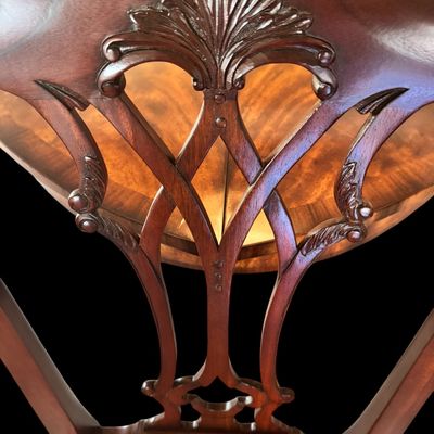Sale Photo Thumbnail #55: Set of 8 Maitland Smith mahogany Chippendale style dining chairs. High quality craftsmanship with fine carved detail. Knuckle arms with pierced shell covered backs. 
Condition:: Excellent, like new, original finish
Dimensions: 26”W x 22.5”D x 40”H
A