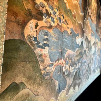 Sale Photo Thumbnail #17: Beautiful antique Japanese six panel folding screen, believed to be dated to the late 19th or early 20th century, featuring a continuous hand painted landscape depicting Mount Fuji, traditional villages, pagodas, winding waterways, and rolling mountains b