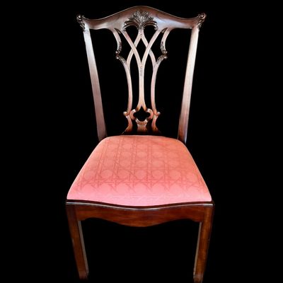 Sale Photo Thumbnail #46: Set of 8 Maitland Smith mahogany Chippendale style dining chairs. High quality craftsmanship with fine carved detail. Knuckle arms with pierced shell covered backs. 
Condition:: Excellent, like new, original finish
Dimensions: 26”W x 22.5”D x 40”H
A