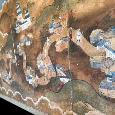 Sale Photo Thumbnail #11: Beautiful antique Japanese six panel folding screen, believed to be dated to the late 19th or early 20th century, featuring a continuous hand painted landscape depicting Mount Fuji, traditional villages, pagodas, winding waterways, and rolling mountains b