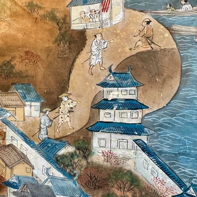 Sale Photo Thumbnail #27: Beautiful antique Japanese six panel folding screen, believed to be dated to the late 19th or early 20th century, featuring a continuous hand painted landscape depicting Mount Fuji, traditional villages, pagodas, winding waterways, and rolling mountains b