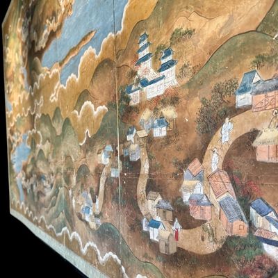 Sale Photo Thumbnail #13: Beautiful antique Japanese six panel folding screen, believed to be dated to the late 19th or early 20th century, featuring a continuous hand painted landscape depicting Mount Fuji, traditional villages, pagodas, winding waterways, and rolling mountains b