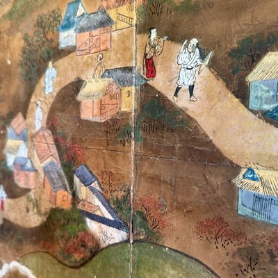Sale Photo Thumbnail #24: Beautiful antique Japanese six panel folding screen, believed to be dated to the late 19th or early 20th century, featuring a continuous hand painted landscape depicting Mount Fuji, traditional villages, pagodas, winding waterways, and rolling mountains b