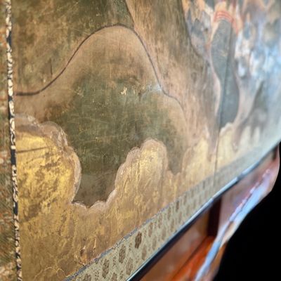 Sale Photo Thumbnail #16: Beautiful antique Japanese six panel folding screen, believed to be dated to the late 19th or early 20th century, featuring a continuous hand painted landscape depicting Mount Fuji, traditional villages, pagodas, winding waterways, and rolling mountains b
