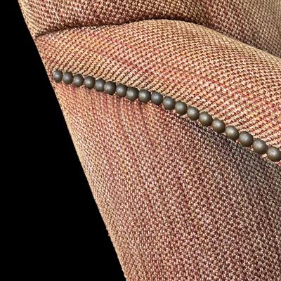 Sale Photo Thumbnail #160: Serena Lily Eaton chair upholstered in a warm earthly hue. 
Durable maple construction reinforced with double dowels and corner blocks.
• Sinuous spring suspension creates even comfort and support.
• Solid wood legs are finished with water-based stain