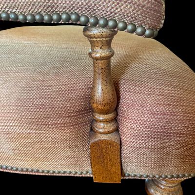 Sale Photo Thumbnail #164: Serena Lily Eaton chair upholstered in a warm earthly hue. 
Durable maple construction reinforced with double dowels and corner blocks.
• Sinuous spring suspension creates even comfort and support.
• Solid wood legs are finished with water-based stain