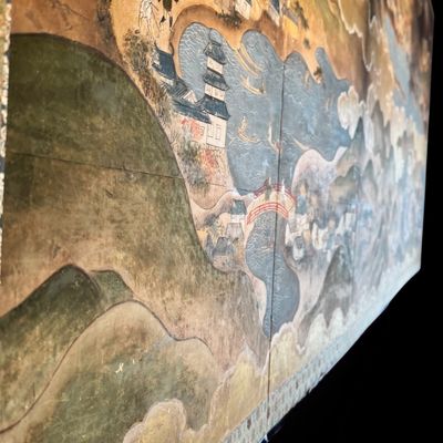 Sale Photo Thumbnail #15: Beautiful antique Japanese six panel folding screen, believed to be dated to the late 19th or early 20th century, featuring a continuous hand painted landscape depicting Mount Fuji, traditional villages, pagodas, winding waterways, and rolling mountains b