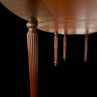 Sale Photo Thumbnail #98: Elegant and high quality Kindel Furniture sideboard executed in the Federal Style with refined neoclassical elements. It features a bow front design, characteristic of the period with flame mahogany veneers, and contrasting stringing inlay. The piece is s