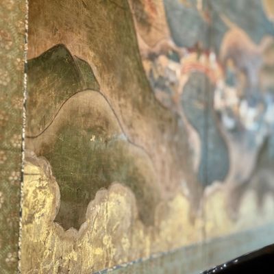 Sale Photo Thumbnail #19: Beautiful antique Japanese six panel folding screen, believed to be dated to the late 19th or early 20th century, featuring a continuous hand painted landscape depicting Mount Fuji, traditional villages, pagodas, winding waterways, and rolling mountains b
