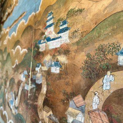 Sale Photo Thumbnail #30: Beautiful antique Japanese six panel folding screen, believed to be dated to the late 19th or early 20th century, featuring a continuous hand painted landscape depicting Mount Fuji, traditional villages, pagodas, winding waterways, and rolling mountains b