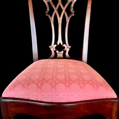 Sale Photo Thumbnail #48: Set of 8 Maitland Smith mahogany Chippendale style dining chairs. High quality craftsmanship with fine carved detail. Knuckle arms with pierced shell covered backs. 
Condition:: Excellent, like new, original finish
Dimensions: 26”W x 22.5”D x 40”H
A